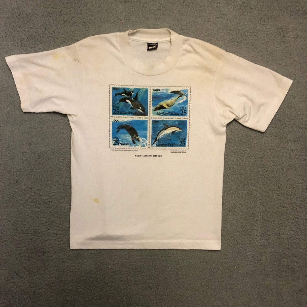 Single Stitch Vtg 1990 Creatures of the Sea USPS Stamp T-Shirt White Youth L XS